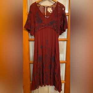 Maeve Anthropologie Navy Embroidered Burgundy Floral Dress Size 10